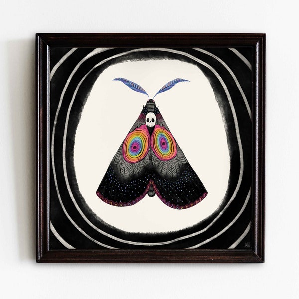 Impresión artística de polilla de calavera arcoíris