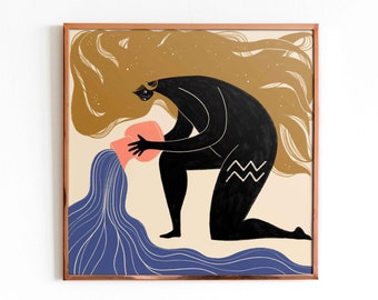 May include: A digital illustration of a person pouring water from a pitcher. The person has long, flowing brown hair and is wearing a black outfit. The water is flowing into a blue stream. The background is a light beige color. The illustration is framed in a copper-colored frame.