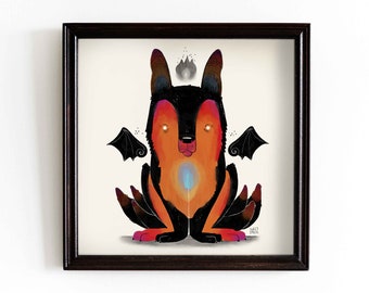 May include: A cartoon dog with wings and a tail, depicted in black and orange. The dog has a blue and orange glow around it. The dog is sitting on a white background.