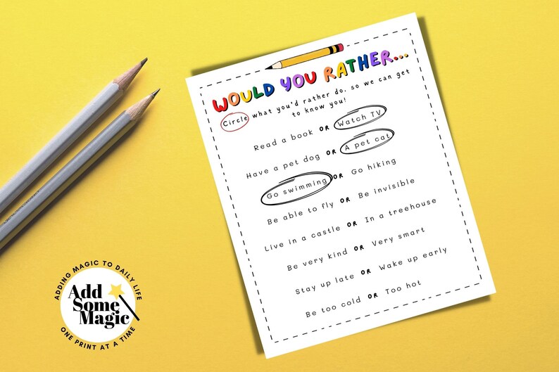 Kids WOULD YOU RATHER Ice Breaker Classrooms & Parties Get to Know You Game First Day of School