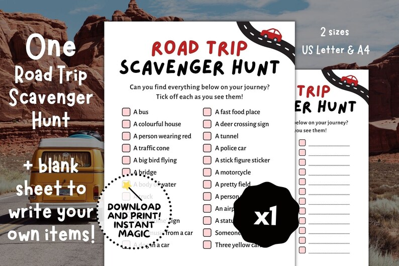 Road Trip Scavenger Hunt Fun Games for Long Journeys Drives Printable Games to Bust Boredom Keep