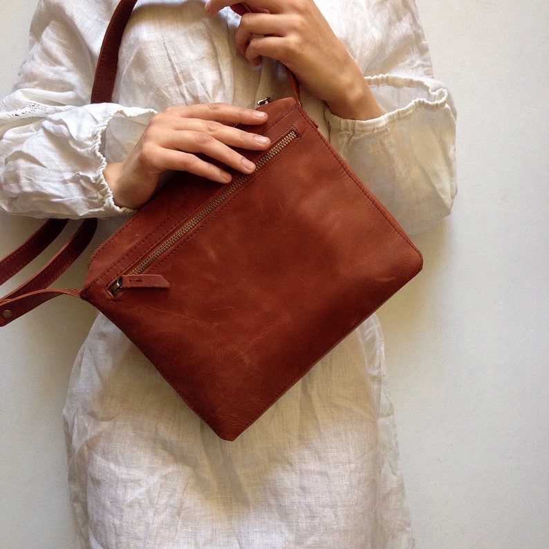 Brown Leather Bag Cross Body Bags Zipped Bags Full Grain Etsy