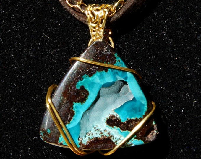 ROSASITE in IRON HAT Matrix Wire Wrapped Pendant on Leather necklace