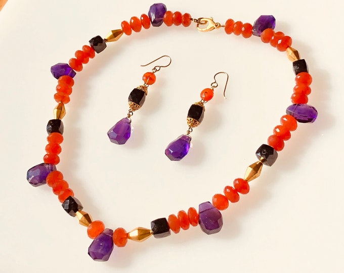 Vibrant CARNELIAN, AMETHYST & SPINEL Collar 24k Gold Vermeil Beads and Clasp