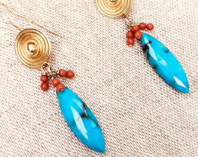 COOL ARIZONA TURQUOISE & Antique Coral Earrings/24k Vermeil Earwires