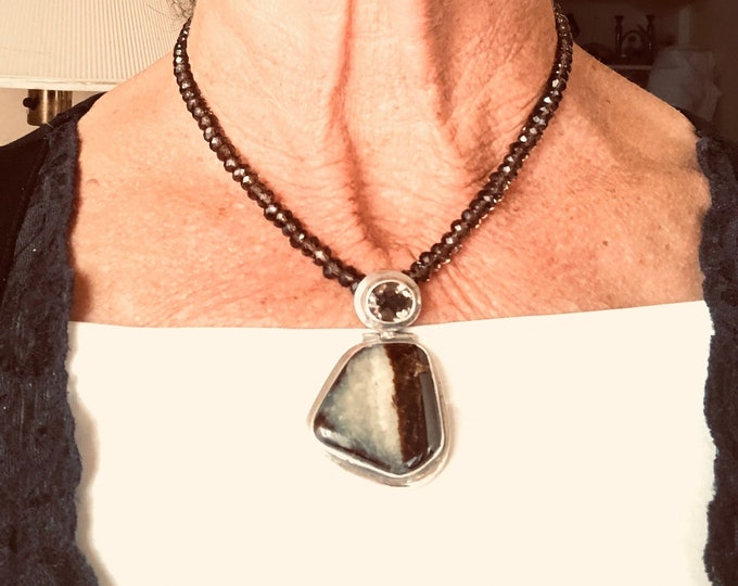 SMOKEY QUARTZ/TOPAZ  Necklace w/ Picture JasperPendant Sterling Silver Bezel and Clasp