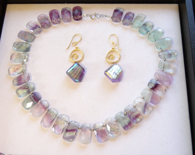 FACETED FLORITE COLLAR-Purple and Green shades, Unusually beautiful necklacew/ Silver