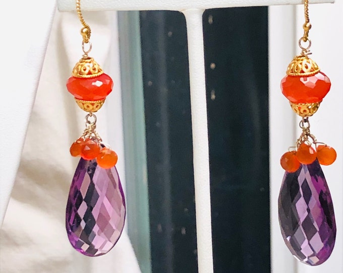 Lg. AMETHYST & CARNELIAN EARRINGS ,large beautiful 24k Gold Vermeil Components