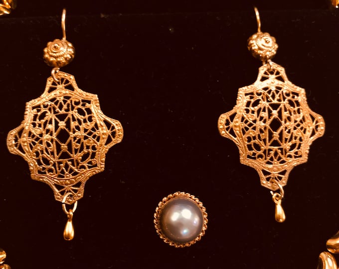 Exotic Large Gold Plated Brass Earrings. 24 k Gold Vermeil Earwires