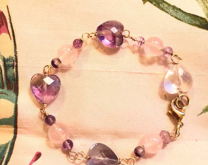 Heart Shaped Florite Faceted and Pink Quartz Bracelet Feminine and Ethereal