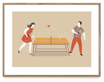 Romantic Colorful Art Print, Ping-Pong Love Modern Wall Decor Art for Bedroom and Living Room, Gift for A Couple, Table Tennis Game Poster