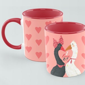 I Love U Cute Geese 11oz Ceramic Mug with Red Handle, Romantic Him and Her Mug, Special Valentine&#39;s Gift, Unique Love Birds Anniversary Mug