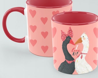 I Love U Cute Geese 11oz Ceramic Mug with Red Handle, Romantic Him and Her Mug, Special Valentine's Gift, Unique Love Birds Anniversary Mug