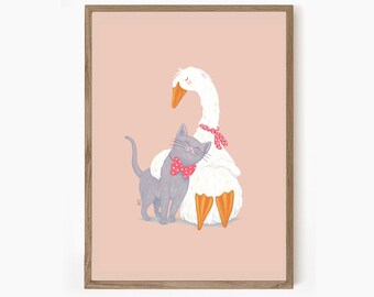 Cat and Goose Pink Wall Decor Art Print, Colorful Artwork for Nursery Walls, Friendship Wall Decor Gift for Kids Room, Cat Home Decor Print