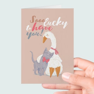 Cat and Goose Friendship Affirmation Greeting Card and Envelope, Cute Relationship Love Card, Him and Her Special Grateful Card Gift image 3