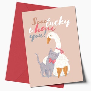 Cat and Goose Friendship Affirmation Greeting Card and Envelope, Cute Relationship Love Card, Him and Her Special Grateful Card Gift image 1