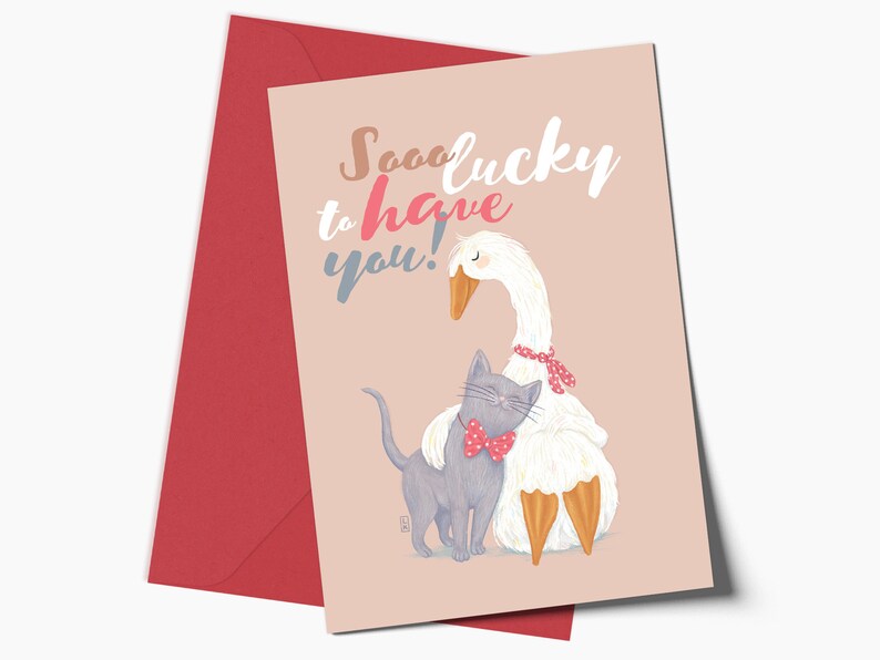 Cat and Goose Friendship Affirmation Greeting Card and Envelope, Cute Relationship Love Card, Him and Her Special Grateful Card Gift image 1