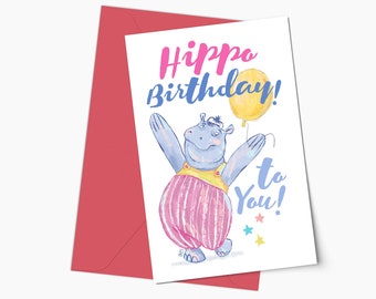 Funny Hippo Pun Birthday Greeting Card, Cute Hippopotamus Folded Card and Envelope, Him and Her Happy Birthday Card, Hippo lovers Card Gift