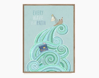 Ocean Wall Art for Kids Room, Nursery Decor Positive Quote Print, Sea Art Print Gift for Toddlers Room, Unique Blue Inspirational Art Print