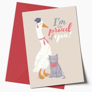Carte et enveloppe de remise des diplômes fiers de vous, carte de voeux affirmation d'oie et de chat, cadeau unique de carte de félicitations pour lui et elle
