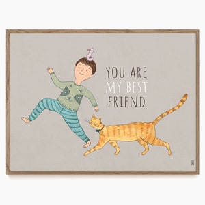 Kids Wall Decor Friendship Art print, Toddlers and Nursery Room Inspirational Art, Positive Affirmation Cat Wall Art Print for A Boy
