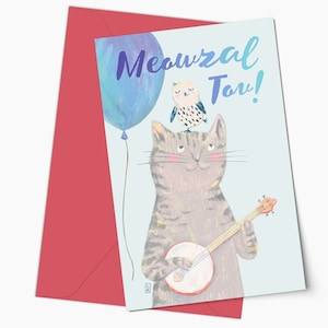 Żydowska gra słów Mazal Tov Urodzinowa kartka z życzeniami i koperta, On i Ona Zabawna składana kartka z kotem i sową, Słodka niebieska kartka ze zwierzętami Prezent dla dzieci