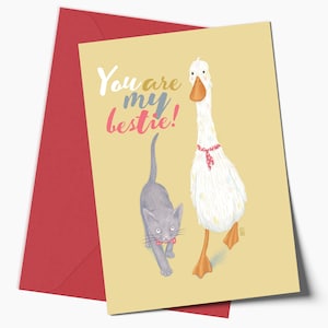 Schattige gele beste vriend-wenskaart en envelop, Friendship Aympathy Cat and Goose-kaart voor man en vrouw, hem en haar bestie-kaart cadeau