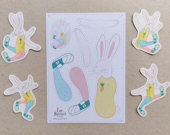 4  Stickers and Split Pin Puppet Set, Cute Bunny DIY Gift for Kids, Rabbit Vine Stickers and Paper doll Kit for Children