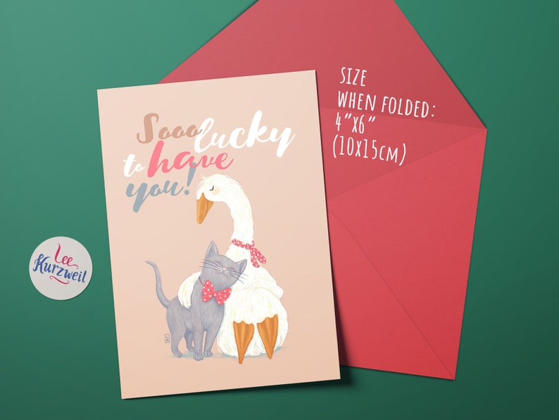 Cat and Goose Friendship Affirmation Greeting Card and Envelope, Cute Relationship Love Card, Him and Her Special Grateful Card Gift image 5