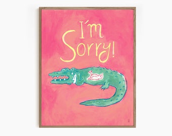 Alligator Wall Art Print for Home Decor, Funny Artwork for The Living Room, Colorful Print Gift, Pink Drawing, Unique Green Animal Print