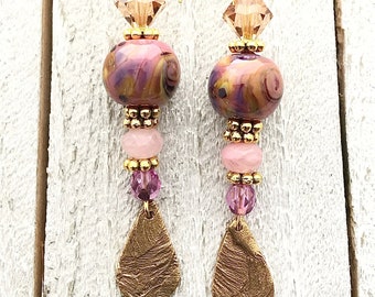 Handmade Glass Pink Swirled Earrings, Anniversary Gift, Gift for Her, Birthday Gift, Mothers Day, Women’s Dangle Earrings, Black Friday