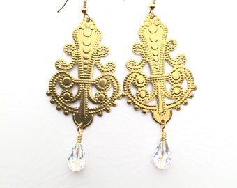 Golden Ornate Dangle Earrings, Statement Earrings, Embossed Earrings. Birthday Gift, Black Friday, Best Friend Gift, Christmas Gift