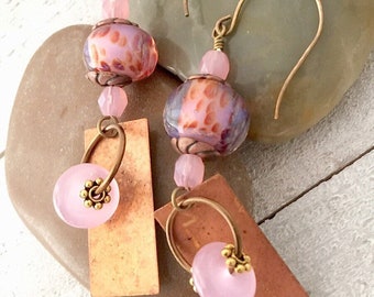 Spring Earrings, Bright Pink, Dangle Earrings, Women's Earrings, Copper Dangle Earrings, Boho Long Dangle Earrings