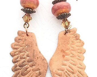 Copper Embossed Angel Wings Earrings, Dangle Earrings, Birthday, Anniversary Gift, Gift for her, Wife Gift, Graduation Gift, Gift for Mom