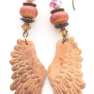 Copper Embossed Angel Wings Earrings, Dangle Earrings, Birthday, Anniversary Gift, Gift for her, Wife Gift, Graduation Gift, Gift for Mom