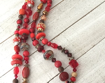 Boho Jewelry Red Bead and Chain Necklace, Womens Necklace, Jewelry, Christmas Multi-strand Necklace, Chilie Pepper Red, Spring Jewelry