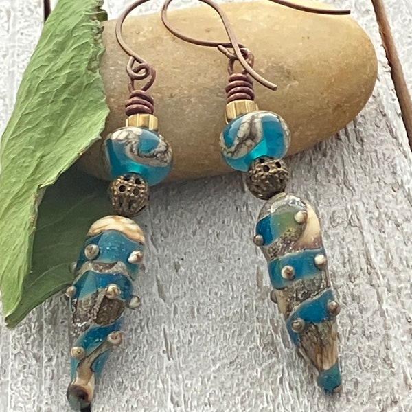 Turquoise Blue Dagger Dangle Earrings with Artist Beads, Boho Earring, Birthday Gift, Anniversary Gift, Graduation Gift, Mom Gift, Wife Gift