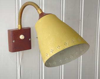 Vintage bed wall lamp wall sconce Sweden teak and brass Mid century