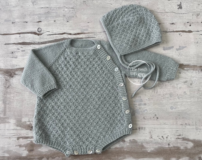 Knitting Patterns Baby Wool Romper Bonnet Instructions in French PDF Sizes Newborn to 24 months