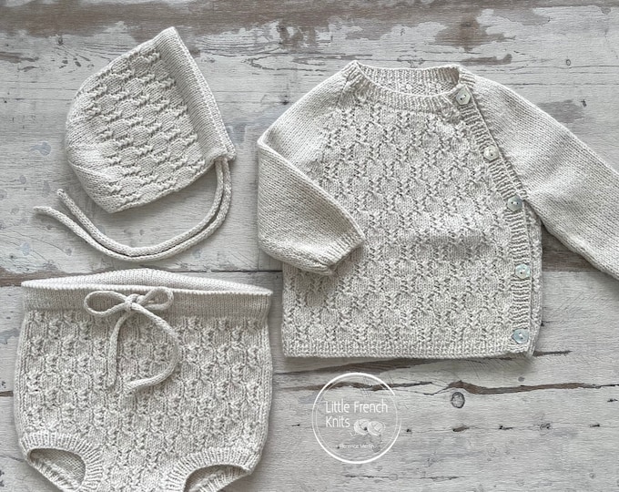 Knitting Pattern Baby Wool Set Sweater Bloomers Bonnet Instructions in French PDF Sizes Newborn to 4 years