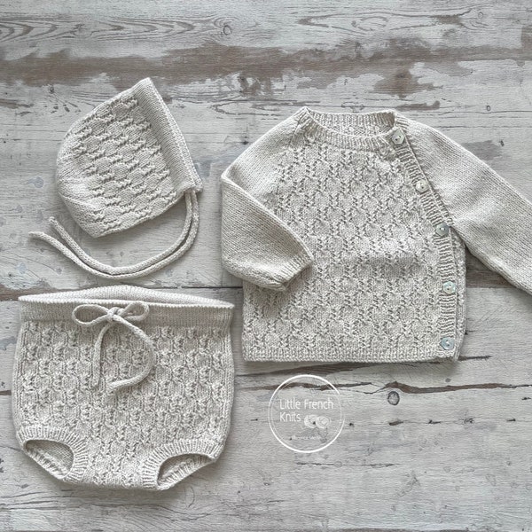 Explications tricot Ensemble Bébé Brassière Culotte Bonnet laine modèle en Français tutoriel PDF Patron tricot Tailles Naissance à 4 ans