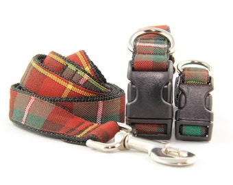 red brown green tartan plaid dog collar, PEI Prince Edward island Canada, woven strong safe dog leash, historical bold key fob keychain.