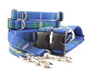 Blue tartan plaid dog collar, Nova Scotia Canada, woven strong safe dog leash, historical bold key fob keychain.