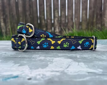 Navy Paw Print Dog Collar, Bones Durable Cat Collar, Sporty Bright Key Chain Fob, Washable Heavy-duty Martingale