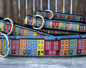 Blue Row House Dog Collar, Jelly Bean Row Dog Leash, Bright , Downtown Key Chain Fob, St, Johns Houses Martingale, Cheerful Happy Cat Collar