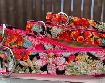 Tropical Red Dog Collar, Flowers Pink Dog Leash, Southern Botanical Key Chain Fob, Garden Summer Cat Collar, Warm Sunny Martingale