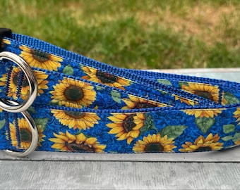 Royal Blue floral sunflower, summer bright dog collar, safe durable strong leash, fashion fob key chain