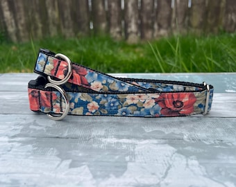 Vintage Denim Floral Dog Collar, Cottage Strong Cat Collar, Botanical Garden Key Chain Fob, Washable Heavy-duty Martingale