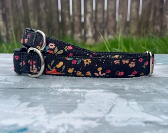 Floral Black Dog Collar, Handmade Adjustable Cat Collar, Garden, Key Chain Fob, Dark Washable Martingale.