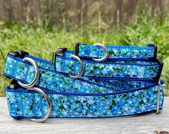 Blue Flower Forget me not, Strong Safe Dog collar, Floral fashion Dog, Durable Leash, key chain